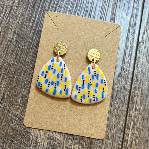Handmade Jewelry - Fun Yellow and Blue Polymer Clay Pierced Earrings- Women’s Jewelry